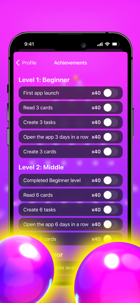 Daily croquet ball diary - Achievements screen showing beginner and middle level progression in the croquet diary app