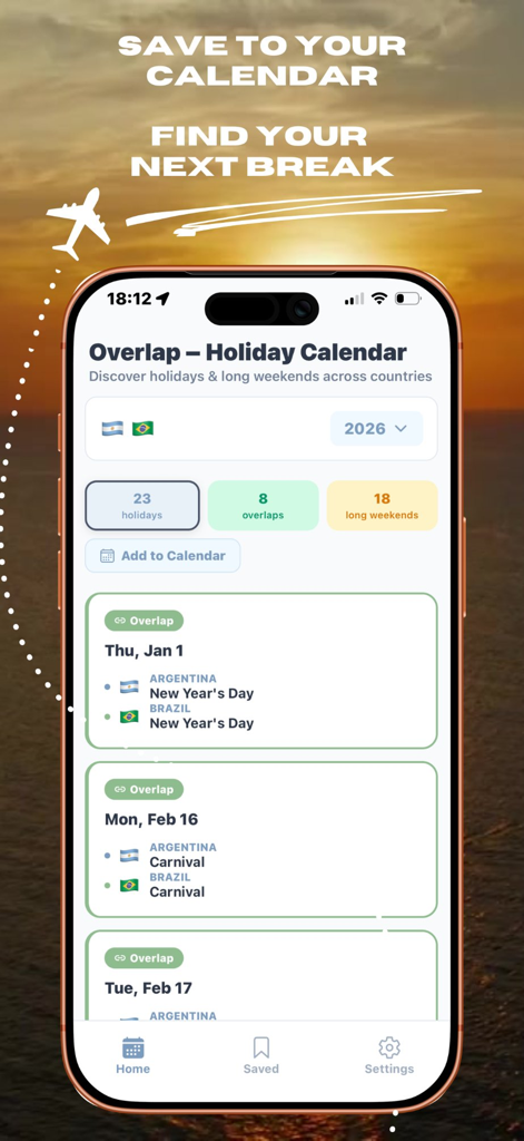 Overlap mobile app interface showing a comparison of public holidays and overlapping long weekends between Argentina and Brazil