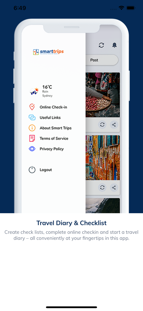 Interface do aplicativo SmartTrips mostrando os recursos de diário de viagem e lista de verificação