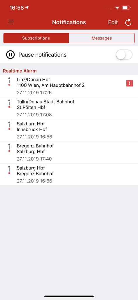 ÖBB Scotty - Der Bildschirm Benachrichtigungen der ÖBB Scotty App zeigt Echtzeit-Reisewarnungen und Routen-Abonnements für österreichische Zugreisen an.