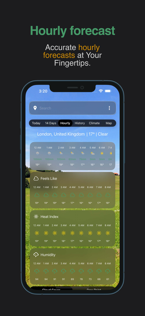 WorldWeatherOnline - Screenshot of WorldWeatherOnline mobile app displaying a detailed hourly weather forecast screen with heat index and humidity data