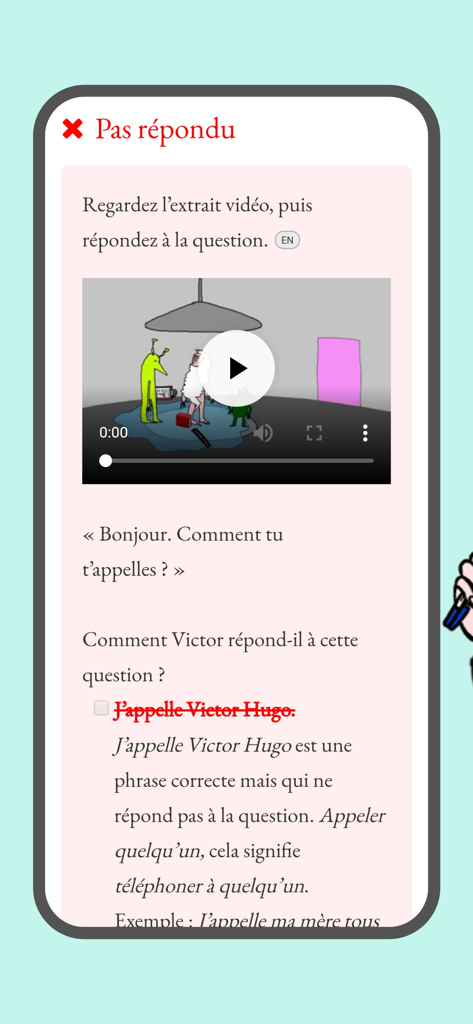 Frantastique Orthographe - Interaktiver Bildschirm einer Französischlektion mit einer Videoübung und detailliertem grammatikalischem Feedback.