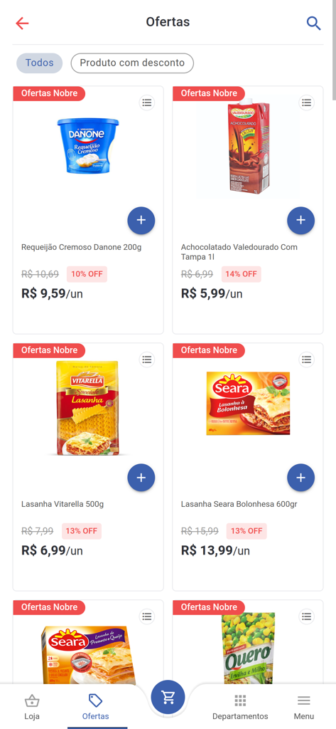 Nobre Supermercados - Nobre Supermercados mobile app interface displaying grocery products with promotional discounts.
