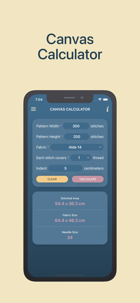 Interface do aplicativo Calculadoras de Ponto Cruz mostrando a ferramenta de calculadora de tela com dimensões do padrão e resultados calculados do tecido