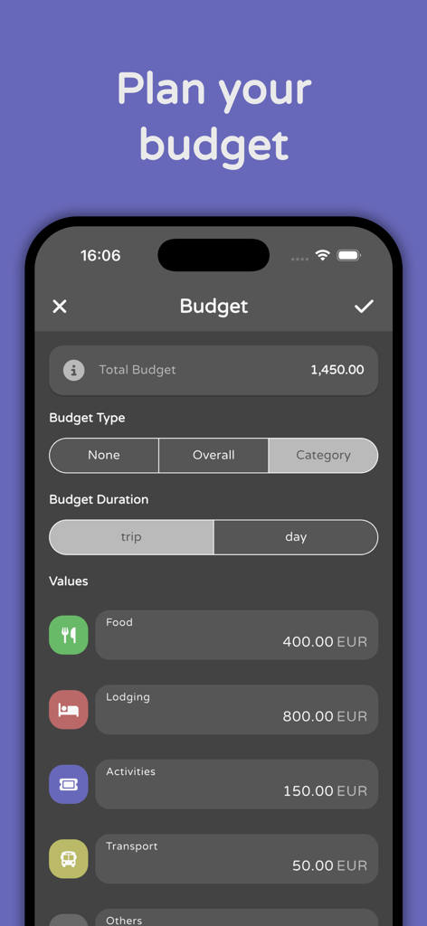 Trexpense - Travel Budget - Una schermata dello smartphone che mostra l'interfaccia di pianificazione del budget dell'app Trexpense con suddivisioni di categoria per cibo e alloggio