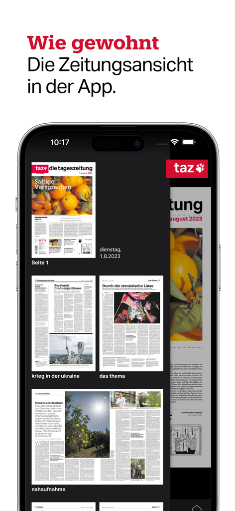 taz, die tageszeitung - Screenshot dell'app di notizie taz che mostra il layout del quotidiano digitale su un iPhone