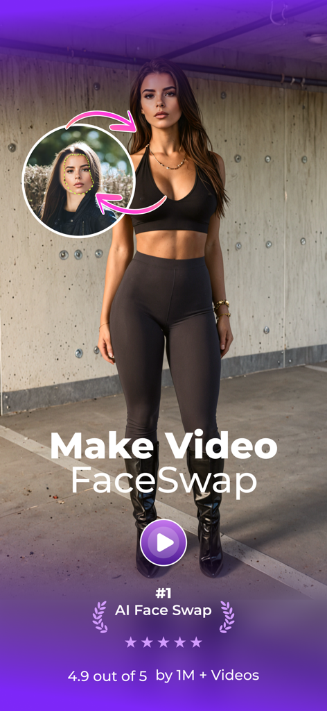 AI Face Swap Video Maker-ToVid - AI Face Swap Video Maker app interface showing a realistic face transformation process on a video template