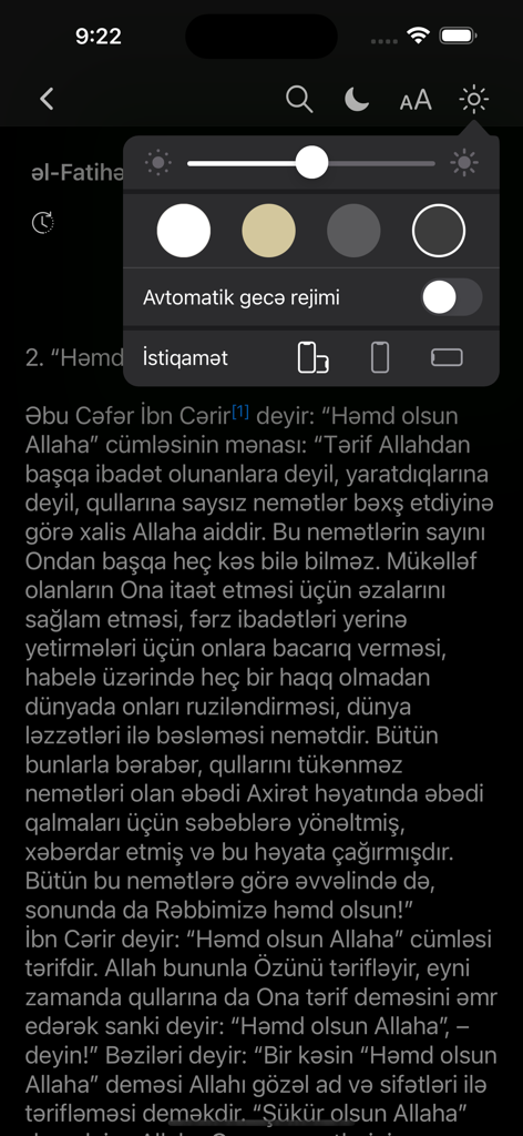 Quran Təfsiri - İbn Kəsir - 꾸란 타프시르 아제르바이잔어 모바일 앱의 읽기 인터페이스 및 디스플레이 설정