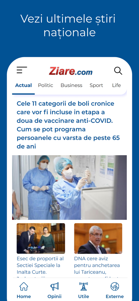 Ziare.com 모바일 앱 인터페이스에 루마니아 국내 뉴스 및 정치, 비즈니스와 같은 카테고리가 표시됩니다.