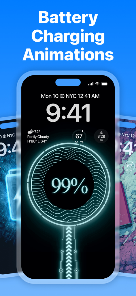 CleanX: Photo Storage Cleaner - Pantalla de bloqueo del iPhone que muestra una animación futurista de carga de batería brillante al noventa y nueve por ciento