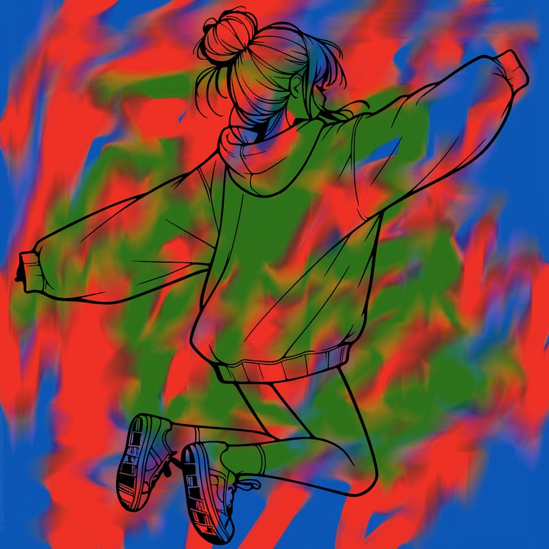 realistic girl jumping with a bun and oversized sweatshirt