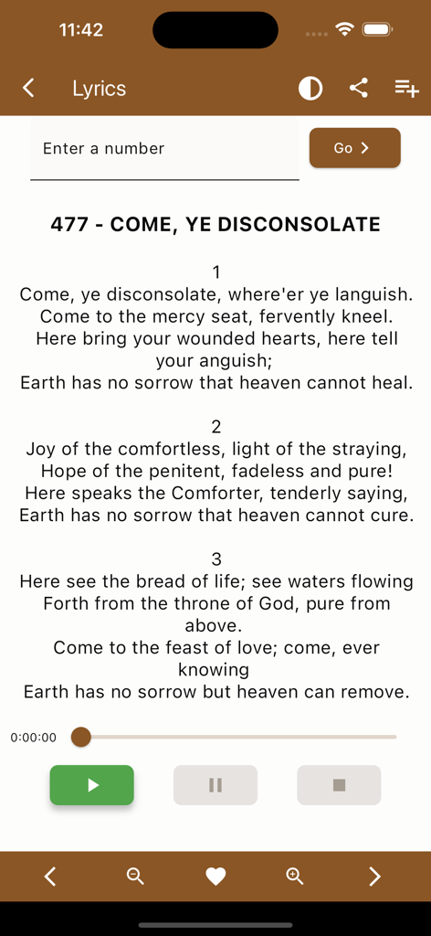 SDA Hymnal with music - Interface of SDA Hymnal app showing hymn lyrics and an integrated music player.