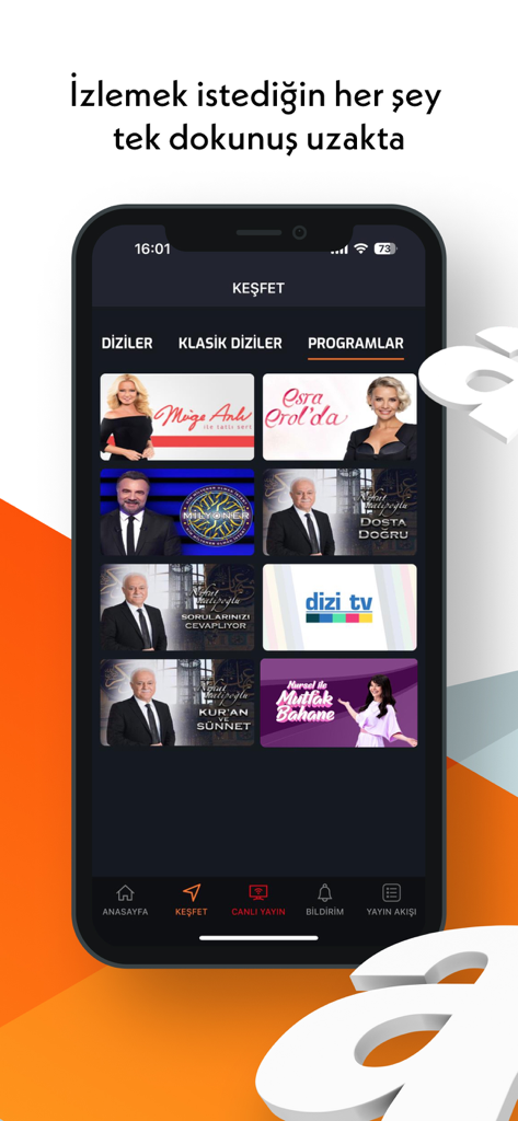 Pantalla de exploración de la app móvil de atv mostrando programas de televisión turca y miniaturas de series
