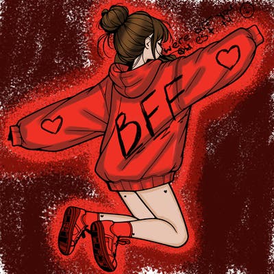 realistic girl jumping with a bun and oversized sweatshirt