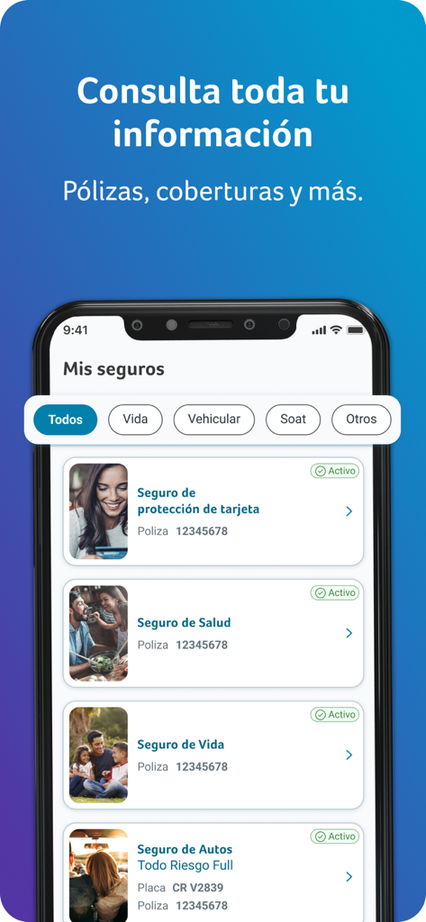 Mi Espacio Pacífico - Screen of Mi Espacio Pacifico app showing a list of active insurance policies including health life and car