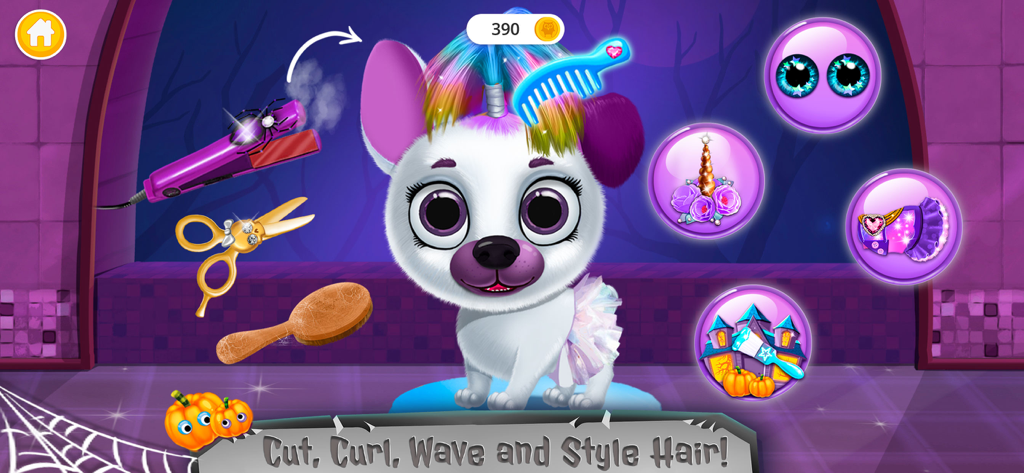 Kiki & Fifi Halloween Makeover - A cute white puppy getting its rainbow hair styled in a Halloween pet salon with various tools like scissors and a comb.