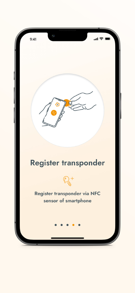 Keyng - Smartphone screen showing an illustration and instructions for registering a transponder via NFC sensor in the Keyng app