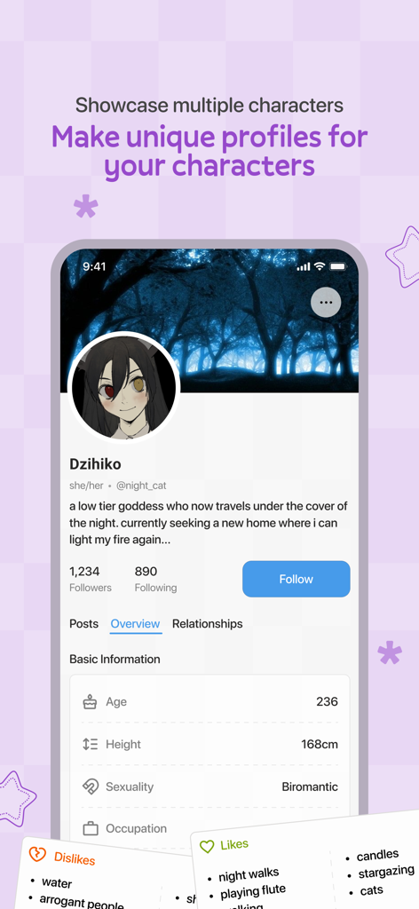 Una pantalla móvil que muestra el perfil de un personaje original con estadísticas biográficas y un avatar personalizado en la aplicación OCSN