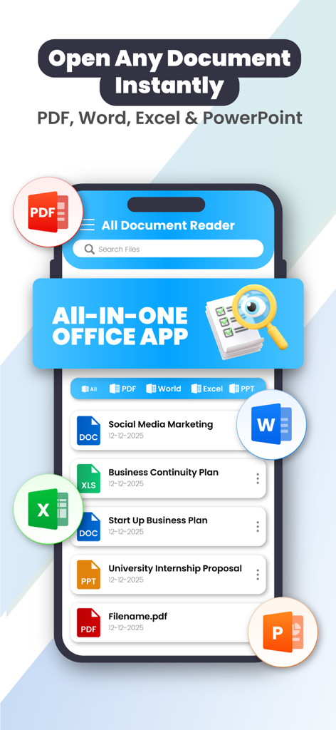 All PDF Reader - PDF Viewer - Un smartphone mostrando la interfaz de la aplicación All PDF Reader con una lista de documentos PDF, Word, Excel y PowerPoint.