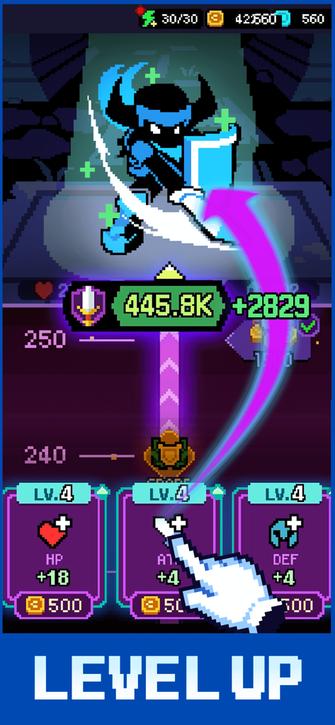 Overgeared Hero: Merge RPG - Pantalla de subida de nivel en Overgeared Hero mostrando mejoras de estadísticas del personaje para HP ATK y DEF con arte de píxeles retro