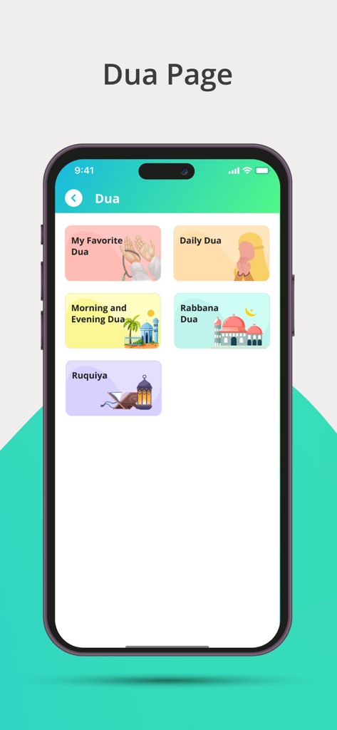 Quran With Maryam - Dua categories screen in the Quran With Maryam app showing daily prayers and morning evening adhkar