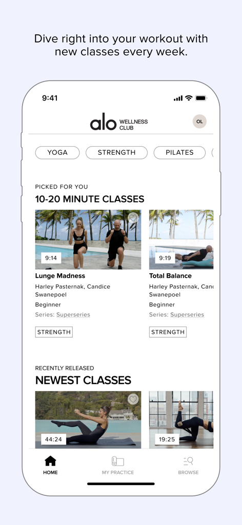 ALO Wellness Club - La pantalla de inicio de la aplicación ALO Wellness Club que muestra clases de entrenamiento personalizadas y categorías de fitness.