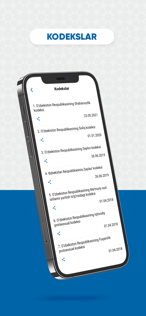 LexUz App-Bildschirm mit einer Liste usbekischer Gesetzbücher