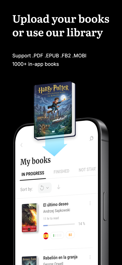 Lingaアプリのインターフェースで、書籍をアップロードして言語学習のためにライブラリを閲覧するオプションが表示される