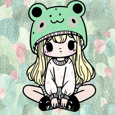 a girl wearing a frog hat and some frog socks