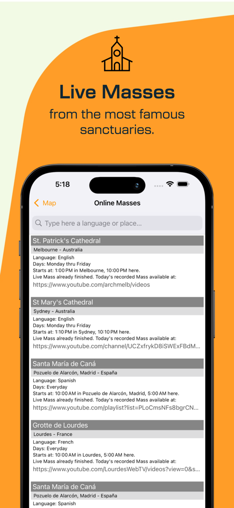 List of live and online Catholic mass times from famous sanctuaries worldwide.