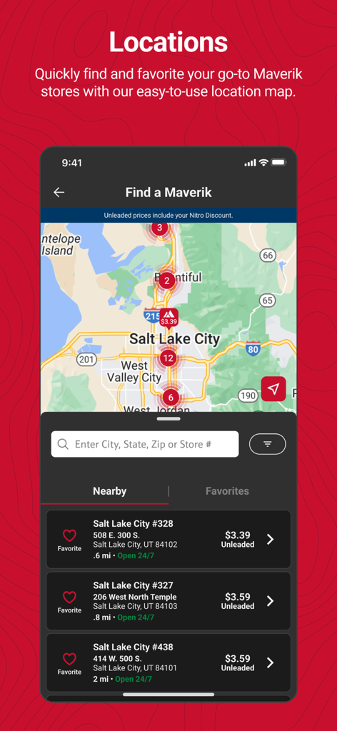 Maverik Rewards - Maverik Rewards app screen showing a map of store locations and unleaded fuel prices in Salt Lake City