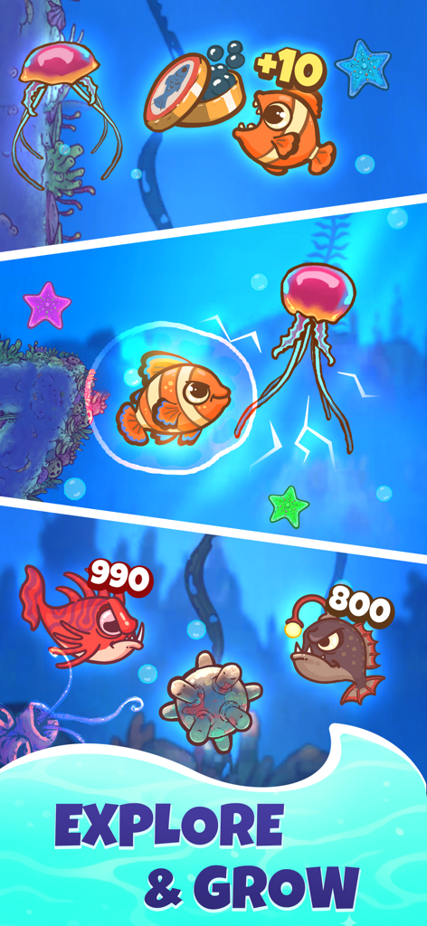 Fish Eat Fish: Go Feed to Grow - Uma vibrante cena subaquática 2D de Fish Eat Fish Go Feed to Grow mostrando peixes comendo presas menores e evitando perigos