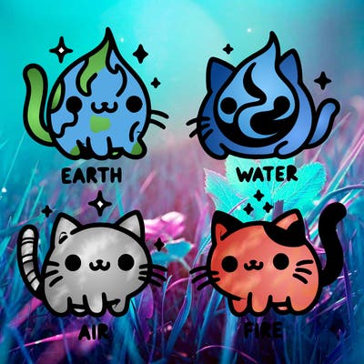 4 cats that represent the different elements, earth, water, air, and fire
