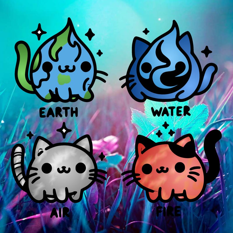 4 cats that represent the different elements, earth, water, air, and fire