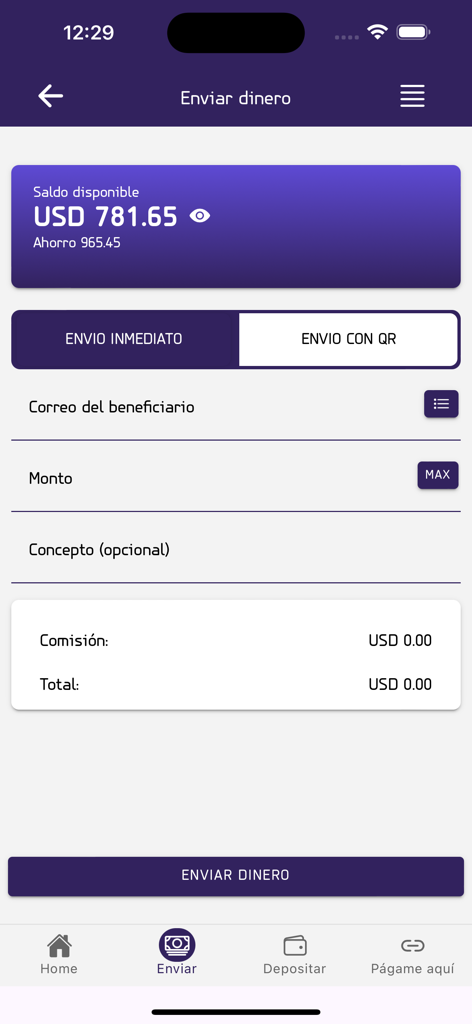 Interface of Neomoon app showing the send money screen with USD balance and transfer fields in Spanish