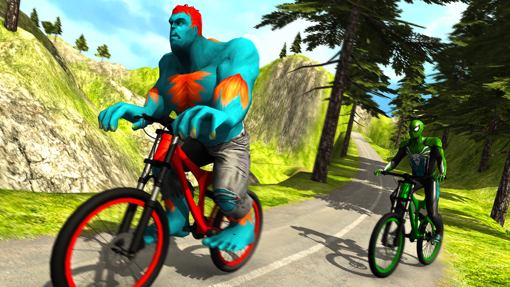 Offroad Superhero Bicycle Race - A blue monster hero and a green spider hero racing bicycles on an offroad mountain trail.