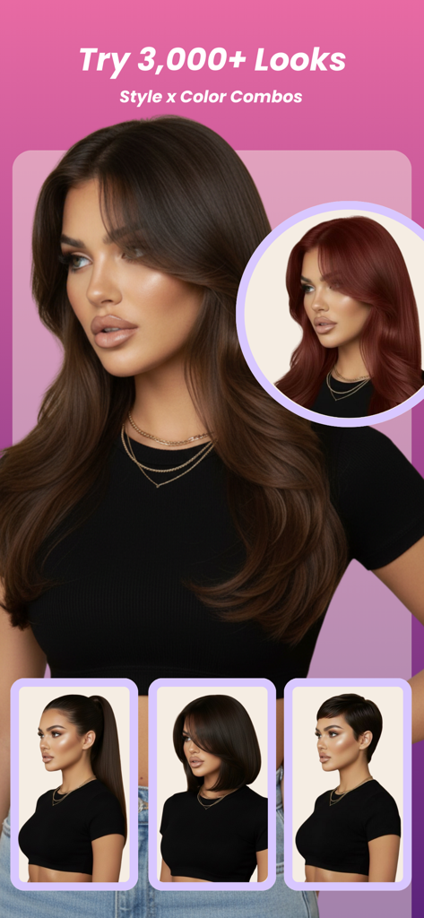 StyleShare: Hair Color Changer - El rostro de una mujer mostrado con múltiples peinados y colores generados por IA, incluyendo cabello largo y castaño ondulado, cabello rojo borgoña, una coleta, un corte bob y un corte pixie.
