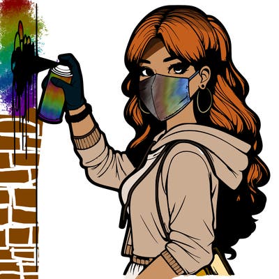 realistic girl with mask spray painting a wall