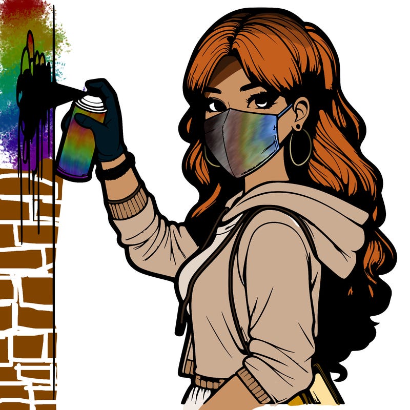 realistic girl with mask spray painting a wall