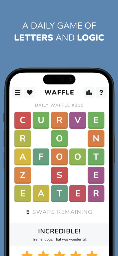 Interfaccia mobile del gioco di parole giornaliero Waffle che mostra un puzzle a griglia completato e il gameplay logico