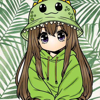 girl with anime shaped eyes with a dinosaur bucket hat oversized sweatshirt long straight hair