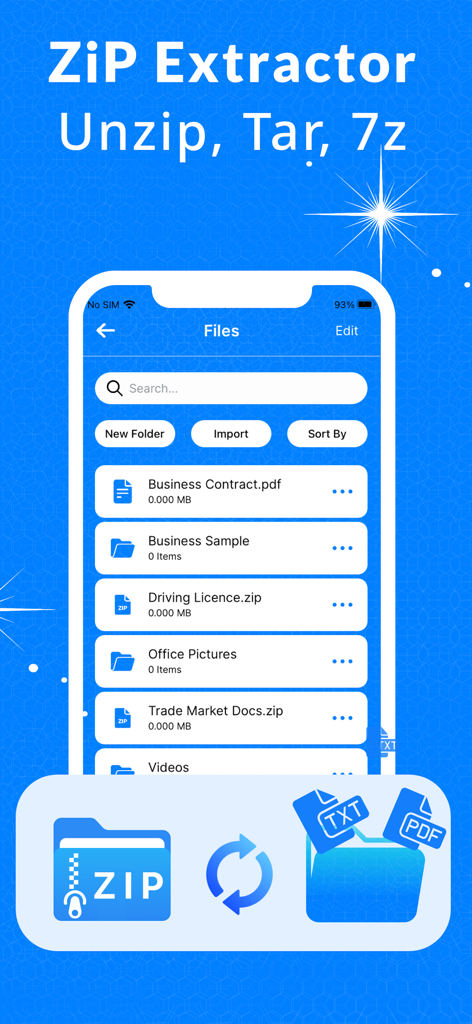 7-Zip Extractor・unzip・opener - 7-Zip Extractor app interface displaying a list of zip files and documents on an iPhone