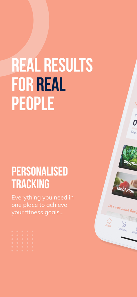 Bite Back With Liz app interface showing personalized tracking features for fitness and nutrition goals