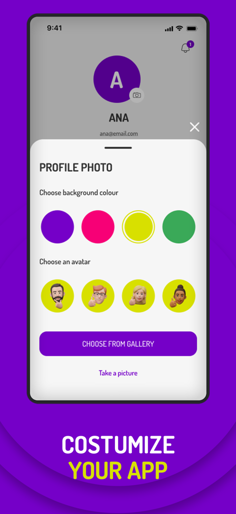 Tela de personalização de perfil no aplicativo meu UZO mostrando opções para escolher cores de fundo e avatares