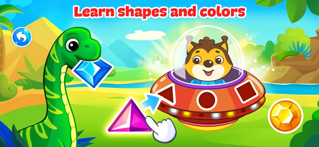 A colorful educational game screen where a child sorts geometric shapes into a spaceship with a friendly dinosaur and raccoon