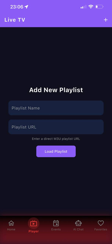 The Add New Playlist screen in the Rodjo app showing input fields for Playlist Name and M3U URL