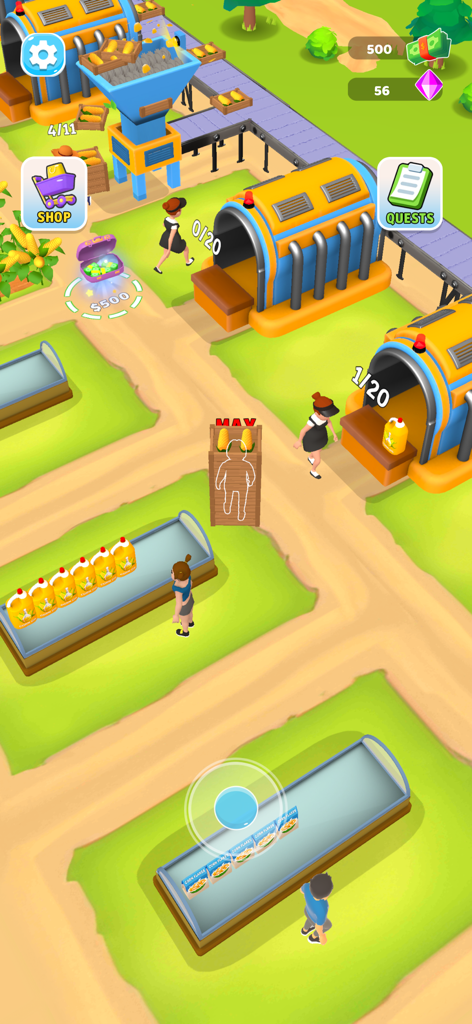 Top down view of characters managing production lines and selling goods in the Crop to Craft idle farm game