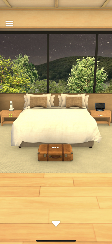 Escape Game: The Lake View - A luxury hotel room in the escape game with a view of a starry night over a forest and lake