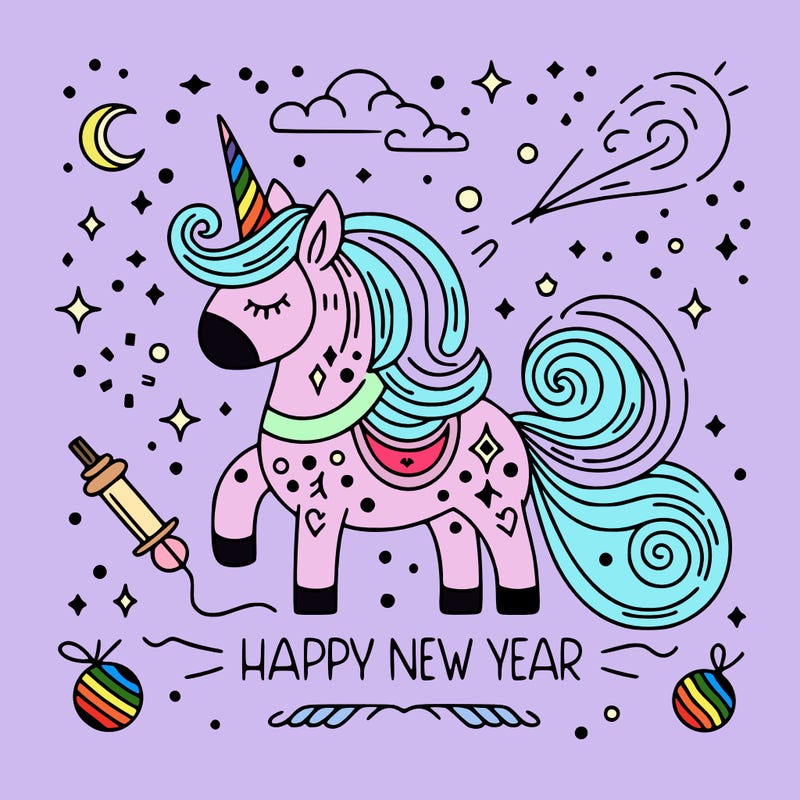 happy new year illustration calligraphic style outline; thin lines; light colors