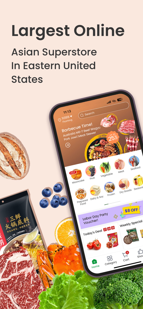FreshGoGo Asian Grocery & Food - FreshGoGo mobile app interface showing various Asian food categories and grocery delivery options
